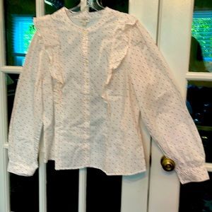 JCrew XL NWT white w/red polka dots & ruffles, long sleeve button down